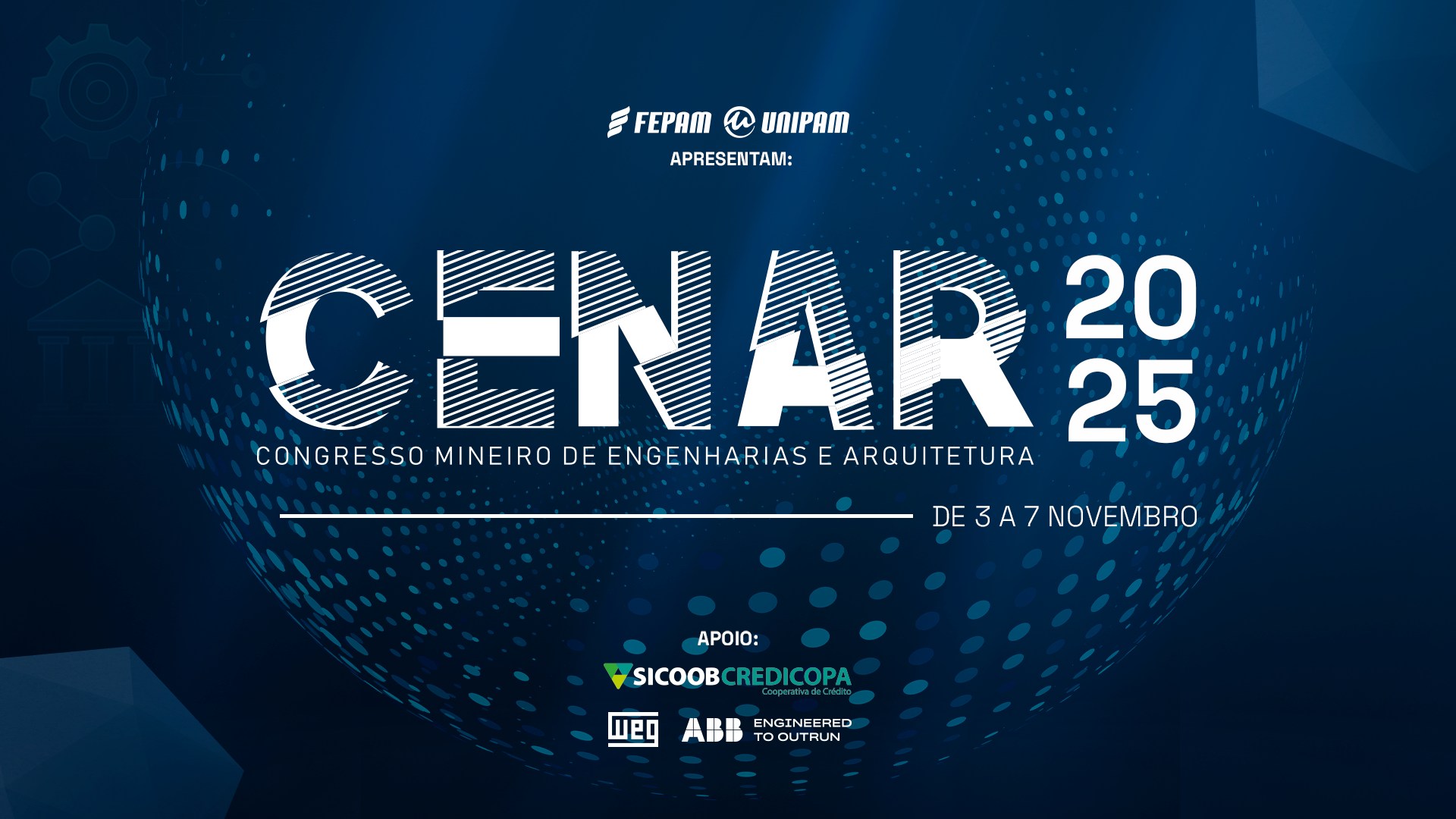 Banner de apresentação do Congresso Mineiro de Engenharias e Arquitetura 2025, oferecido pela FEPAM e pelo UNIPAM, nas cores azul e branco.