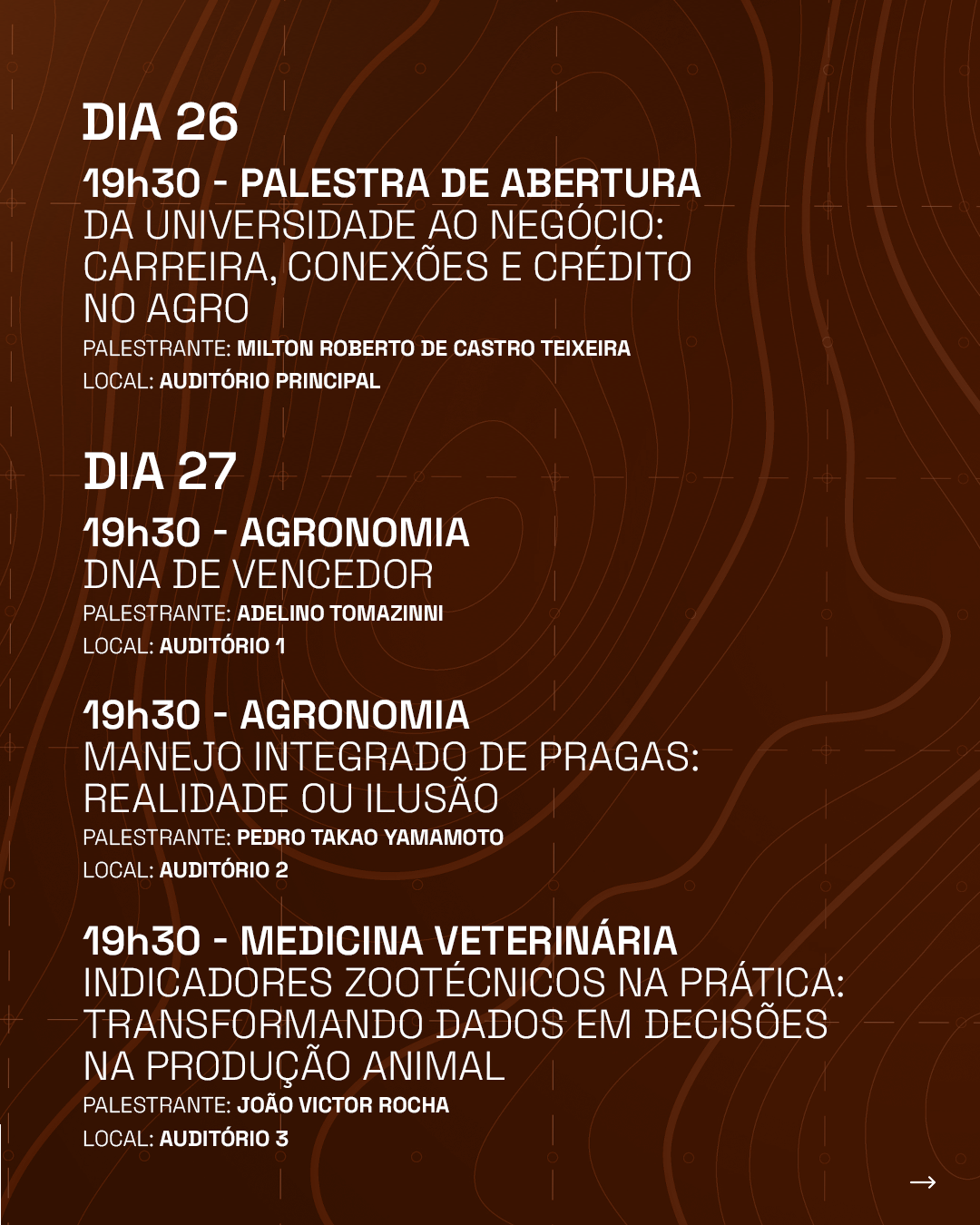 Programação COMEIA 2025: Dias 06 e 07 de novembro: Palestras sobre tecnologia aplicada no sensoriamento do café; Fatores determinantes da produtividade de soja, milho e algodão; Uma visão atualizada da relação entre equipamento de ordenha, qualidade de leite, gestão de pessoas e processos; Avanços no tratamento de feridas; Premiação das melhores apresentações orais e banners e Premiação 'Júlio Reis'; Confraternização